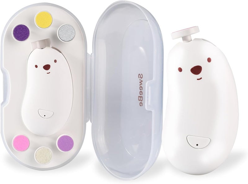 SweeBe Baby Nail File Electric, Gentle Rechargeable Nail Trimmer, Baby Nail Clippers Grooming Kit Manicure Set for Infant Toddler or Adults, 6 Grinding Head Replacement Pads White - Image 1